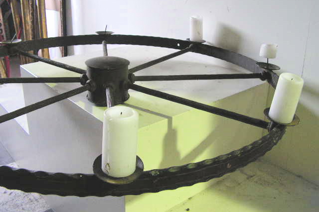 CANDELABRA, Hanging Wrought Iron Wagon Wheel 1m Dia